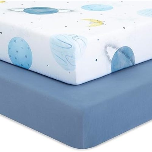 Evolur Space Adventure Dark 2 Pack Crib Sheet, Fitted Crib Sheet for Standard Crib and Toddler Mattress, Soft and Breathable Crib Mattress Sheet