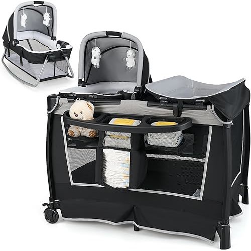 HONEY JOY Pack and Play, 5 in 1 Portable Infant Playpen with Bassinet & Changing Table, Storage Bag, Music Box, Toys, Carry Bag, Nursery Center, Baby Playard Pack n Play Crib for Boys Girls