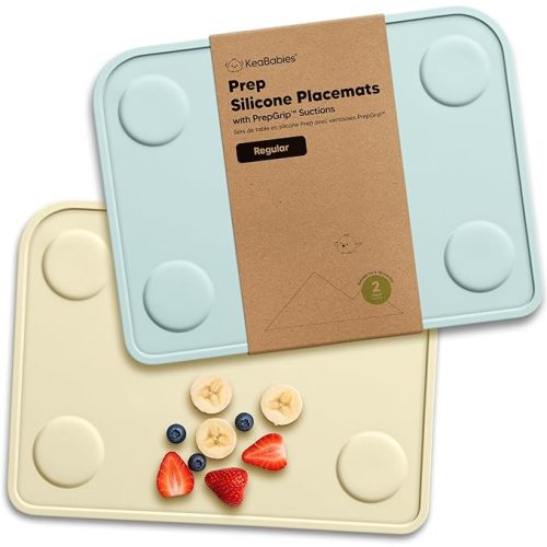 KeaBabies 2pk Silicone Placemats for Toddlers,Kids - 12x9 Non Slip Suction Baby Silicone Placemat for Restaurants,Dining Table,Travel,Easy to Clean,Food Grade/BPA-Free,Small Baby Table Mat(Pastel Sky)