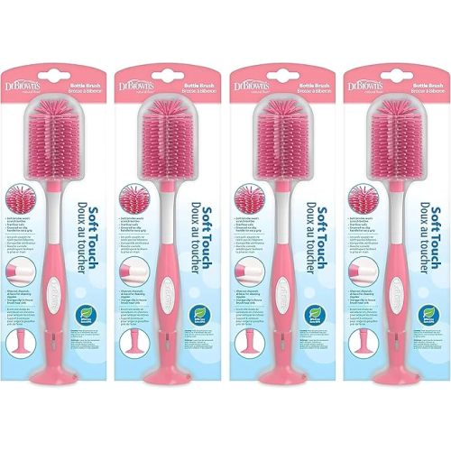 Dr. Brown's Soft Touch No Scratch Baby Bottle Cleaning Brush, Nipple Cleaner and Suction Cup Base for Easy Storage, BPA-Free, Pink, 4-Pack
