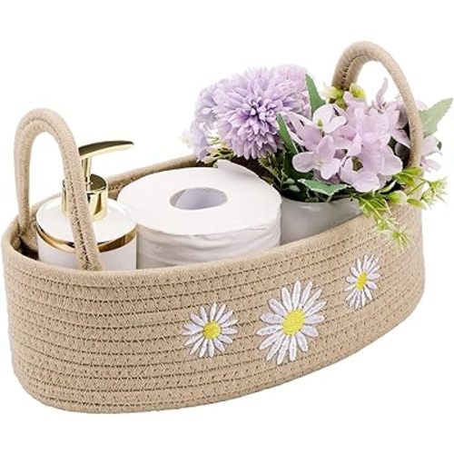 Vesici Daisy Toilet Paper Basket Boho Woven Cotton Rope Bathroom Countertop Organizer with Handle Beige Bathroom Storage Decor for Toilet Closet Bedroom Nursery Toys Organizing, 13 x 6 x 4 Inch