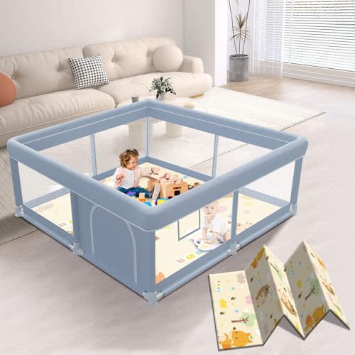 XVISHX 50 x 50 Inch Baby Playpen with Mat, Playpen for Babies and Toddlers, Baby Playard for Indoor & Outdoor Active Center Game Fence, with Skin-Friendly Fabric and Soft Breathable Mesh, Grey