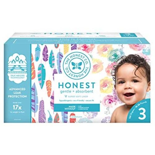 The Honest Company Super Club Box Diapers with TrueAbsorb Technology, Rose Blossom & Painted Feathers, Size 3, 136 Count