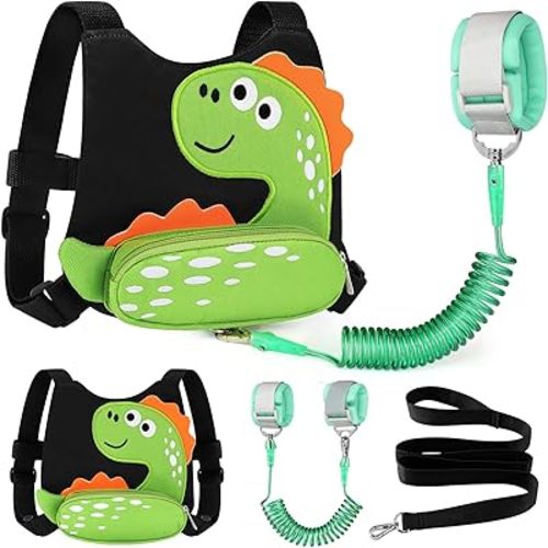 Accmor Toddler Harness Leash, Cute Dinosaur Kids Harness Child Leash with Anti Lost Wrist Link for Outdoor Travel, Adorable Baby Walking Harness Wristband Assistant Strap for 1-3 Years Old Boys Girls