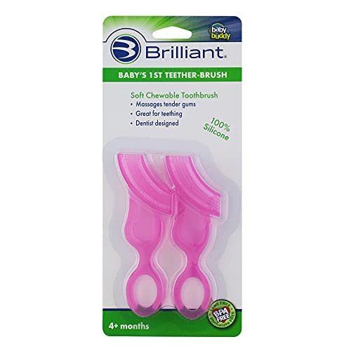 Brilliant Oral Care Baby’s First Toothbrush, Smooth Silicone Bristles Gently Clean Tender Teeth and Gums, for Ages 4+ Months, Pink, 2 Count
