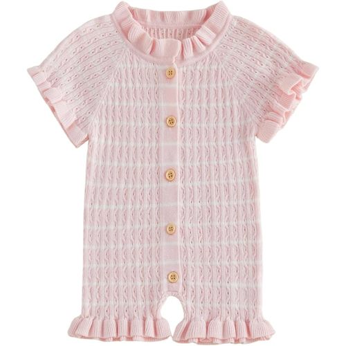 Socutebabe Baby Girl Knit Ruffle Romper Cute Outfit Short Sleeve Toddler Frilly Jumpsuit 0 3 6 9 12 18 Month Summer Clothes