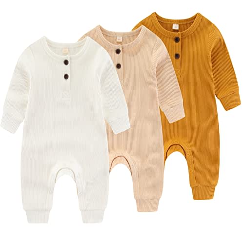 IADOER Newborn Baby Boys Girls One Piece Romper With Mitten Cuffs 3 Pack Long Sleeve Ribbed Button Jumpsuit Outfit Clothes