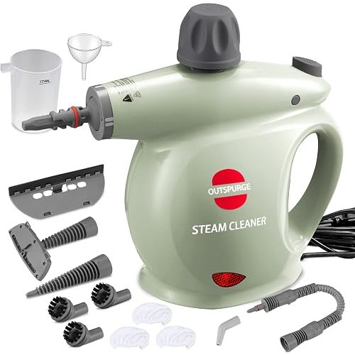 Outspurge Handheld Steam Cleaner, Pressurized Multi-Surface Steam Shot with 13 Accessories, Safety Lock, Steamer for Cleaning Floor, Upholstery, Grout, Windows, Couch and Car, Green