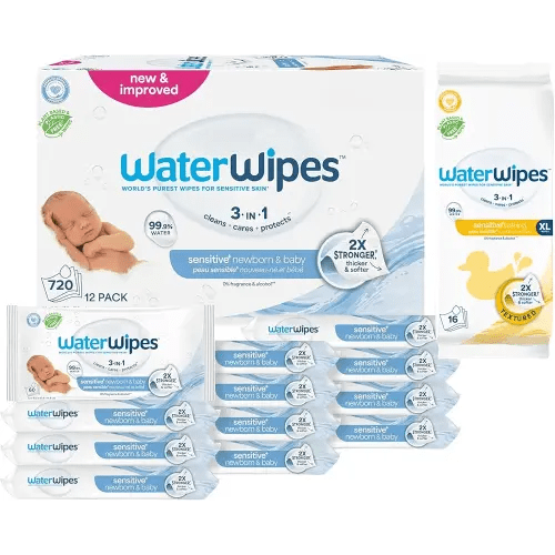 WaterWipes Bundle, Original 720 Count (12 packs) & XL Bathing Wipes 16 Count (1 pack), Plastic-Free, 99.9% Water Based Wipes, Unscented, Hypoallergenic for Sensitive Skin, Packaging May Vary