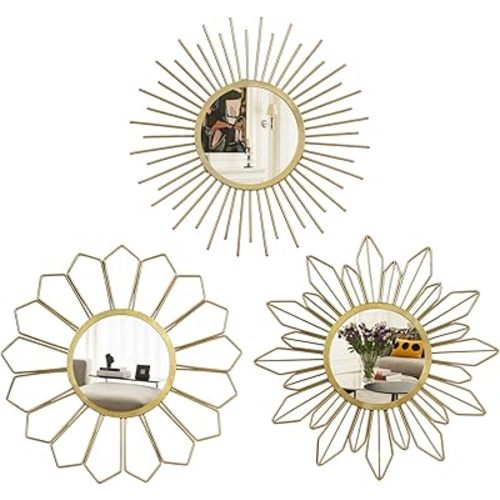 hogardeck Metal Mirrors Wall Decor - 3 Pcs 11" Metal Sunburst Flower Wall Mirrors Home Décor, Decorative Hanging Wall Art for Living Room, Bedroom, Kitchen, Bathroom, Entryway