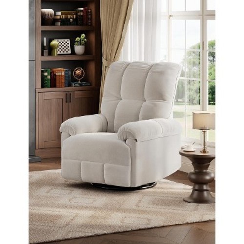 Oversized Swivel Rocker Recliner Chair, Overstuffed Chenille Upholstery, Padded Armrests, Infinite Recline, 350 lb Capacity, for Living Room, Beige