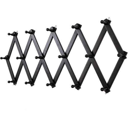 Accordion Wall Hanger with 16 Hooks, Wooden Wall Expandable Coat Rack for Coat, Hats, Baseball Caps, Coffee Mug, Jewelry(Black)