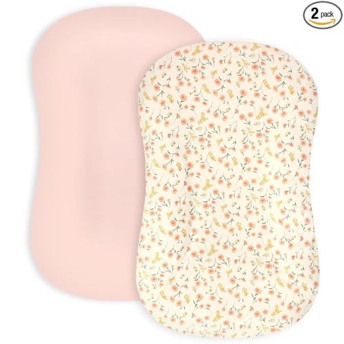 Hooyax Baby Lounger Cover 2-Pack, Ultra-Soft Stretchable Slipcover Fits Snuggle Me & Infant Loungers, Skin-Friendly Newborn Lounger Cover Set for Boys and Girls - Covers Only (Pink Flower)