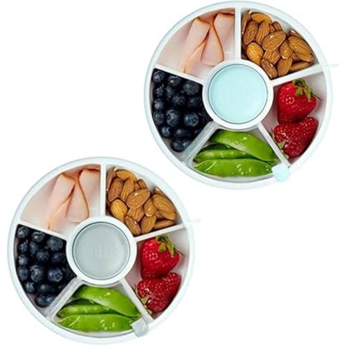 GoBe Kids Grey and Macaron Blue Snack Spinner Bundle with Hand Strap and Sticker Sheet - Reusable Snack Container with 5 Compartment Dispenser and Lid | BPA and PVC Free | Dishwasher Safe