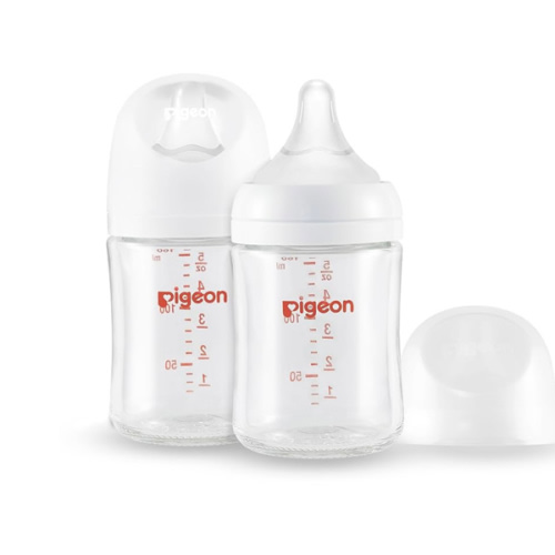 Pigeon Glass Nursing Bottle Wide Neck, Anti-Colic, Streamlined Body, Natural Feel, Easy to Clean, Heat-Resistant, 5.4 Oz(Pack of 2), Includes 2pcs SS Nipples (0m+)