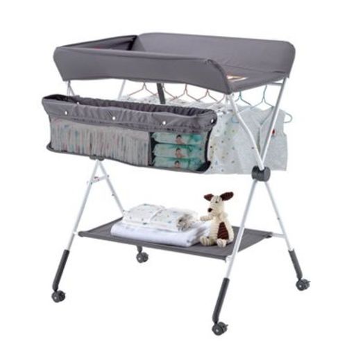 Yinvani Foldable Baby Changing Diaper Station with Side Basket, Adjustable Height, Lockable Wheels, Dark Gray