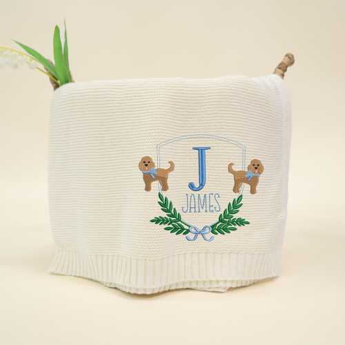 Custom Goldendoodle Dog Baby Blanket, Nursery Decor, Embroidered Baby Knit Blanket, Personalized Embroidery Name Baby, Newborn Gifts