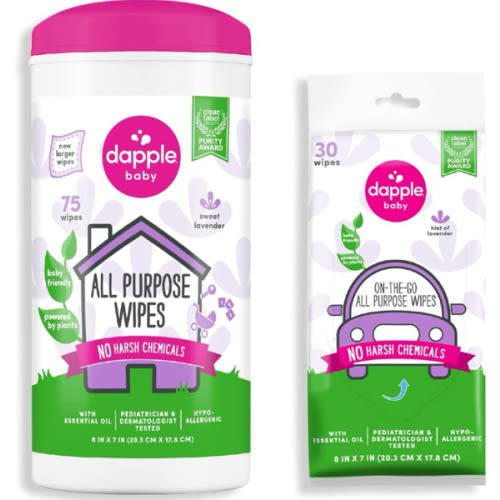 Dapple Baby All Purpose Wipes, Plant Powered, Hint of Lavender, Hypoallergenic, 75 Count Canister + 30 Count