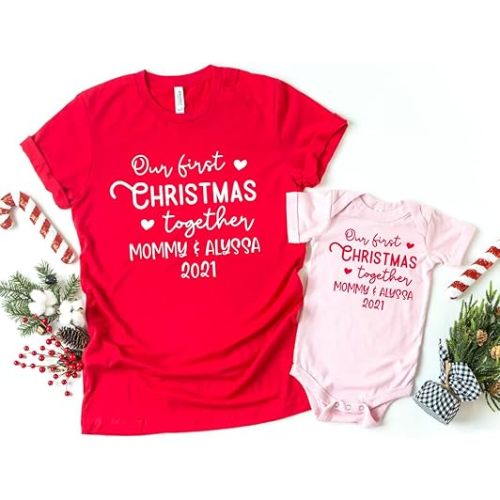 Our First Christmas Together Mommy and Me Shirts, Christmas Gifts For New Mommy and Newborn Infant, Personalized Baby 1st Christmas, First Christmas as a Mommy 2021, Matching Pajamas, Pjs FCRSV1