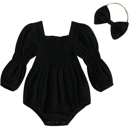 Kavousa Smocked Baby Girl Clothes Newborn Girl Bubble Romper Long Sleeve Jumpsuit And Headband Outfit Cute Infant Clothing
