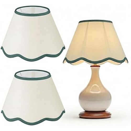 VIHOSE 9.4'' Bottom x 5.9'' High x 5.1'' Top Set of 2 Beige Lamp Shade with Petal Edge, Fabric Chandelier Scalloped Lampshade, for Floor Wall Lamps Table Bedroom Living Room(Green Edge)