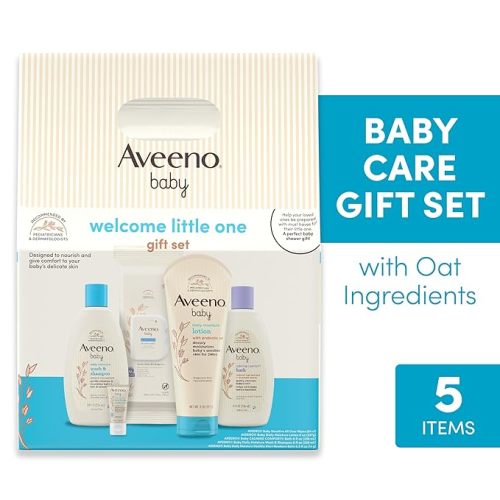 Aveeno Baby Welcome Little One Gift Set, Skincare Set with Nourishing Body Wash & Shampoo, Calming Bath Wash, All Over Wipes, Daily Moisturizing Lotion, & Balm, 5 Items