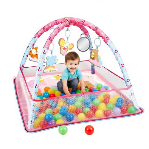 Baby Play Gym with Ball Pit & Hanging Toys – Soft Tummy Time Mat for Infants & Toddlers, Sensory Activity Center for 0-12 Months, Pink