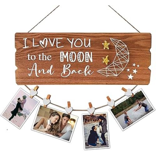 Buecasa Romantic Gifts for Girlfriend Boyfriend Couples Fiance - I Love You to The Moon and Back Photo Holder with 6 Heart Clips 15.8x6.0 Inches