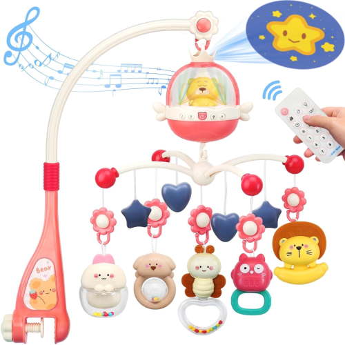 Keyohome Baby Crib Mobile Toys,Mobile for Crib,Hanging Mobile Arm with Music and Night Light for Baby Nursery Room,Unisex,Pink,20.87" x 22.45"