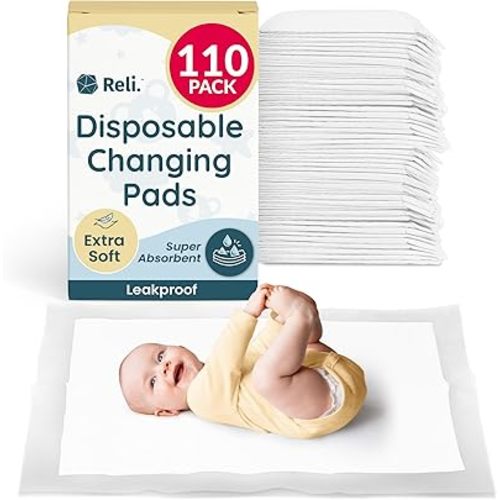 Reli. Disposable Changing Pads for Baby (110 Pack) | 18" x 24" Disposable Diaper Changing Pads, Large | Super Absorbent, Leak-Proof Liners | Waterproof, Quick Dry Underpads (White)