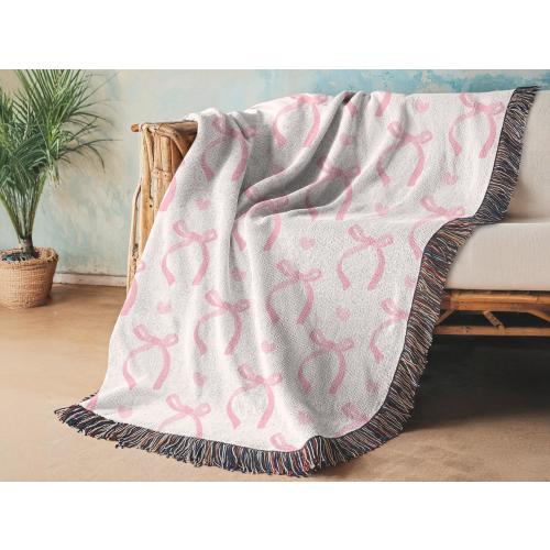 Coquette tapestry pink bow woven chunky blanket, throw blanket gift , perfect for bed or sofa, 100% cotton, home decor, for coquette lover