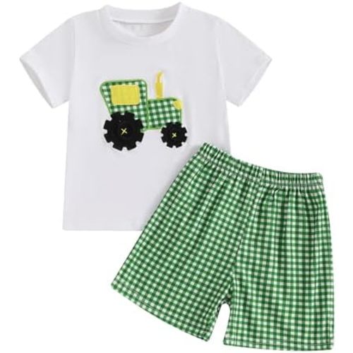 Engofs Toddler Baby Boy Clothes Summer Outfit Short Sleeve Tractor Letter Print T Shirt Shorts Set