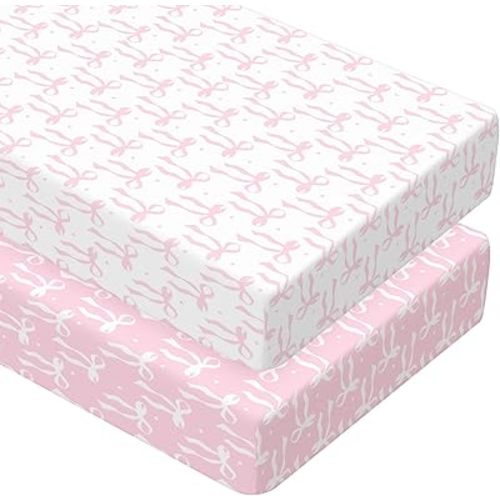 Peryiter 2 Pack Pink Bow Crib Sheets for Girls Boys Coquette Bed Sheet Set Fitted 52'' x 28" for Standard Crib Mattress Stretchable Soft Toddler Aesthetic Nursery Decor