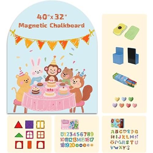 Magnetic Arch Wall Decal 40"x32" — Upgraded Self-Adhesive Magnetic Chalkboard, Magnet Wall for Kids, Includes 4 Magnet Sets, Chalk & Pen Holder for Playroom & Home Decor(Light Blue)