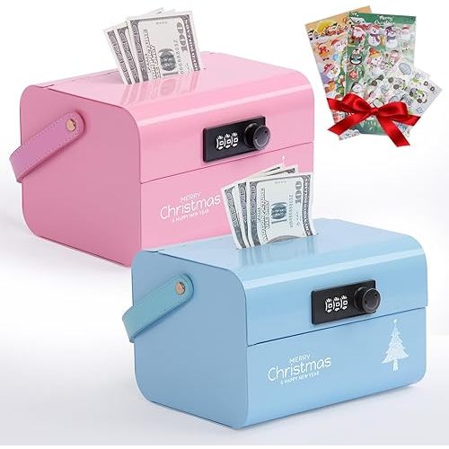 Christmas Gifts for Kids Boys Girls,Portable Piggy Bank 5-12 years old Kids Safe Bank with Code,Small Cash Box with Combination Lock,Metal Money Box for Cash Saving,Pink+Blue/2pcs
