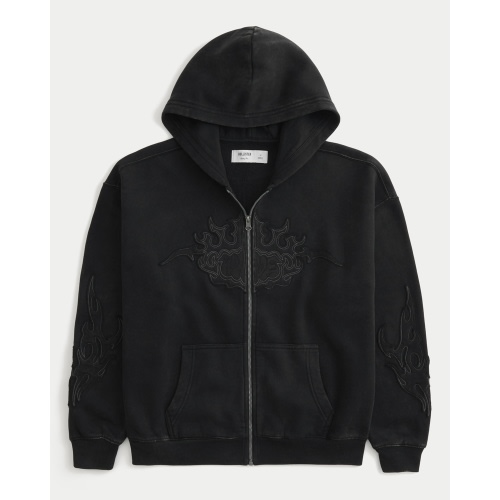 Boxy Zip-Up Flame Graphic Hoodie