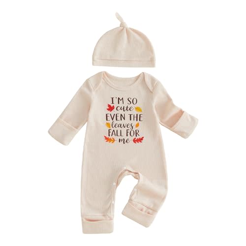 Newborn Baby Boy Girl Clothes Long Sleeve Romper One Piece Outfit Hat | Leaves/Letters pattern, Newborn coming home outfit, Waffle knit one piece jumpsuit, for baby shower gifts/casual daily