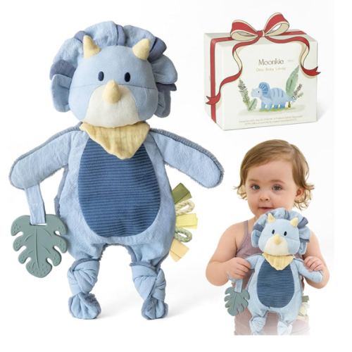 Moonkie Baby Lovey with Silicone Teether, Dinosaur Security Blanket with Textured Ribbons, Crinkle Toys, Soft Minky Velour & Natural Cotton, Newborn Boys Gifts for Baby Shower & Birthday