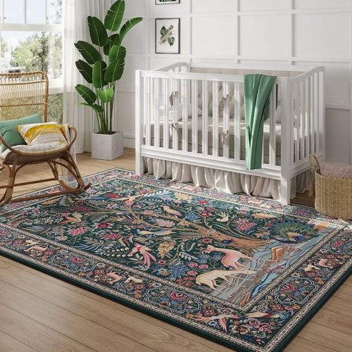 Vibrant Tree of Life-Patterned Vintage Washable Rug (6 x 9, Green)