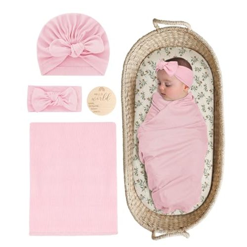 Stretchy Baby Swaddle Blanket and Headband Set, Newborn Receiving Blankets with Matching Hat for Nursery Swaddle Wrap