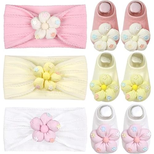 Baby Girls Headbands and Socks Newborn Flower Hairbands Non-Slip Grips Socks Nylon Hair Accessories Infants and Toddlers (White, 6-12 Months)