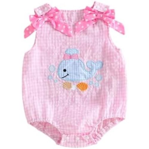 Newborn Baby Girl Summer Outfit Sleeveless Embroidery Whale Bow Bubble Romper Gingham Bodysuit Infant Ocean Onesie