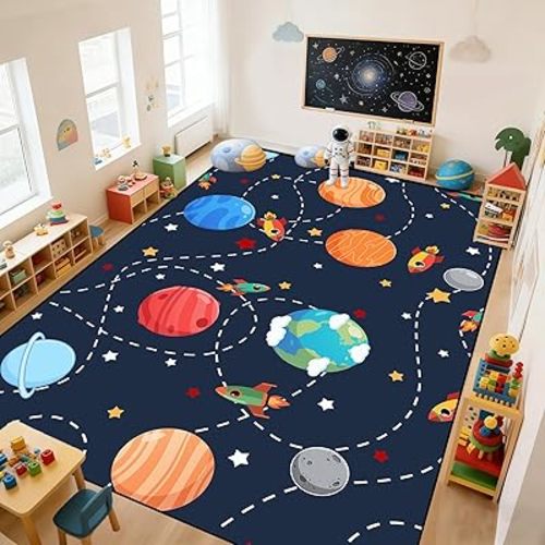 Space Rug 5x7 Feet, Kids Area Rug for Bedroom, Solar System Play Mat for Boys Room, Galaxy Planet Carpet for Playroom Nursery, Soft Educational Floor Mat