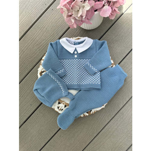 Two Button Down Dash Knit Pattern Baby Knitted Set in Blue and White