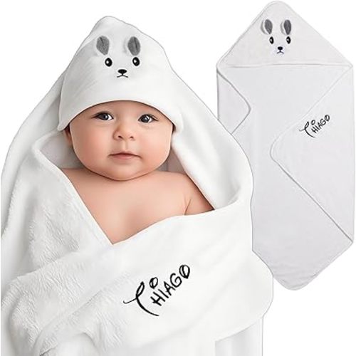 Serviettes de bain personnalisées pour nouveau-né – Serviettes de bain à capuche pour garçon et fille – Cadeau de douche – Velours corail doux – 76,2 x 76,2 cm (blanc)