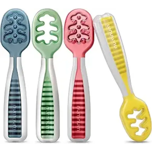 NumNum Baby Spoons Set, Baby Essentials Pre-Spoon GOOtensils for 6+ Months, First Stage Self-Feeding Spoons for Baby Led Weaning (BLW), Silicone Toddler Utensils, BPA-Free, 4 Pack Classic Colors