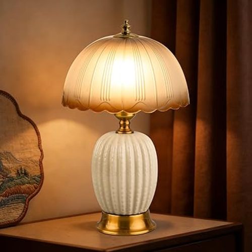 15.7" Vintage Ceramic Small Table Lamp, White Cactus Retro Bedside Lamp with Gradient Glass Shade, 3-Color Dimmable Nightstand Light for Bedroom & Living Room, Home Decor, Bulb Included