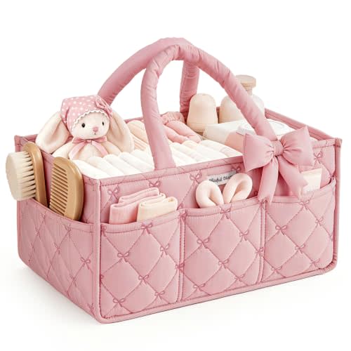 Blissful Diary Baby Diaper Caddy Organizer, Nursery Basket, Bow Light Pink | Portable Storage Basket with Removable Dividers, Gift for Baby Shower, Newborn Boy & Girl Essentials, Baby Registry Must Have