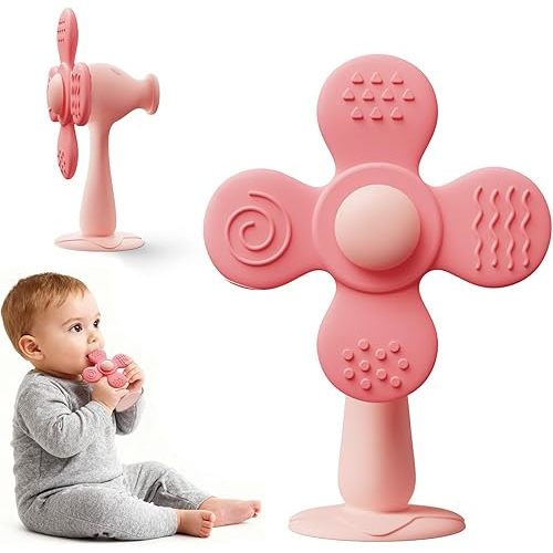Windmill Baby Teething Toys, 2-in-1 Silicone Teether & Montessori Sensory Rattle Toy, BPA-Free Food Grade Baby Teether, 6-12 12-18 Toddler Boy Girl Essentials for Teething Relief, Pink