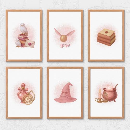 Pink Wizard Nursery Set of 6 Personalized Wizard Wall Art Custom Magic School Name Witch Nursery Poster Pink Magic Decor Baby Girl Room Art